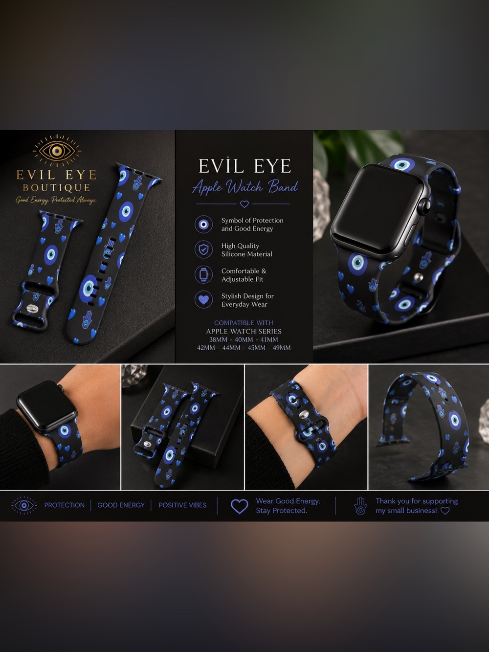 Apple Evil Eye Silicone Watch Band - Black & Blue